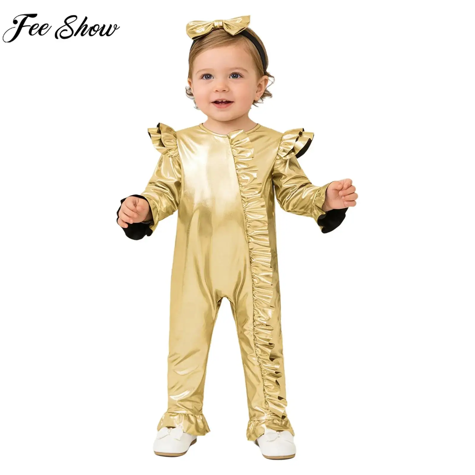 Baby Girls Birthday Disco Theme Party Carnival Costume Metallic Shiny Ruffles Romper Long Sleeve Zipper Jumpsuit with Headband