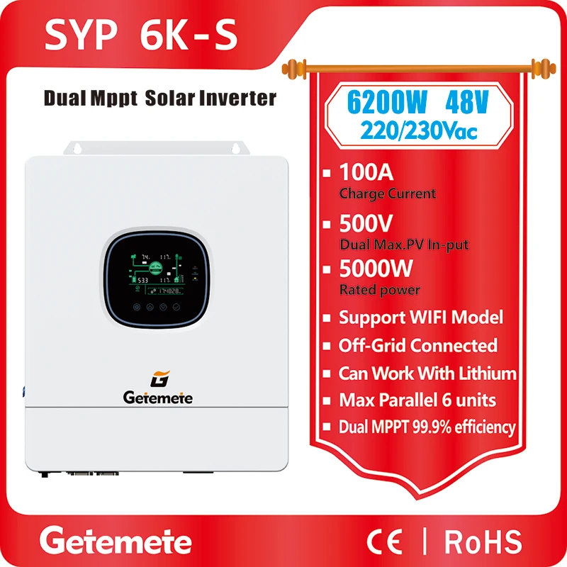 GTMT 6200W 48V 230Vac Dual MPPT 18A input 500VDC solar hybrid inverter pure sine wave off-grid inverter 100A charging current