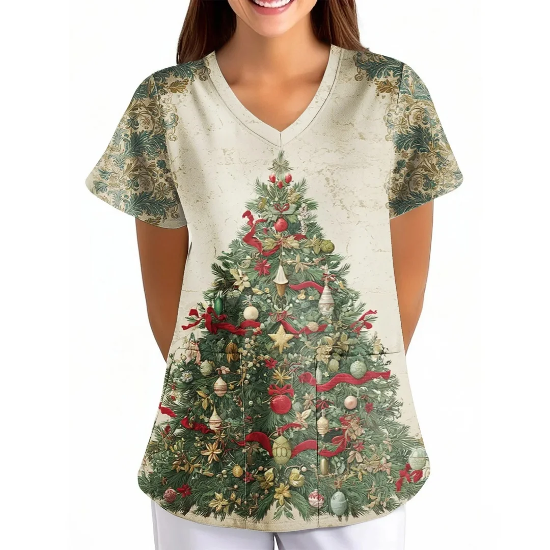 Roupas casuais femininas natal esfrega topo bonito boneco de neve árvore de natal impressão manga curta com decote em v uniformes médicos da enfermeira