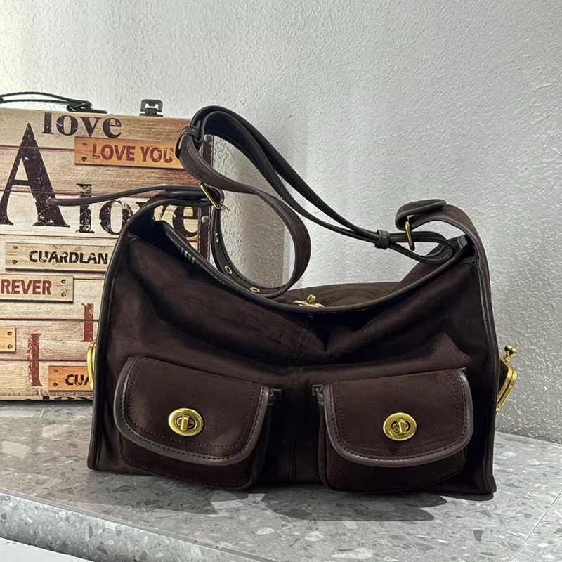 

Single Shoulder Crossbody Bag Casual Commuter Large Capacity Suede Pillow Bag Vintage Style Polyester Lining Zipper Closure