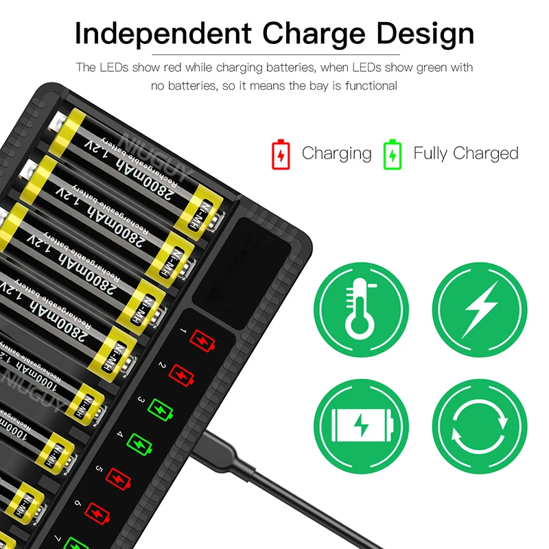 Cargador de batería inteligente, dispositivo con pantalla LED para pilas recargables AA/AAA NiMH de 1,5 V, 8 ranuras