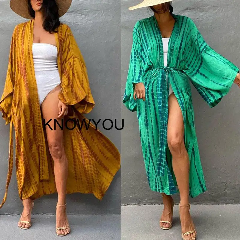 

Bikini Cover Up Printed Long Sleeve Tunic Cover-Ups Beach Dress Beach Wear Beachwear Female Women Summer Beachwear Swimwear