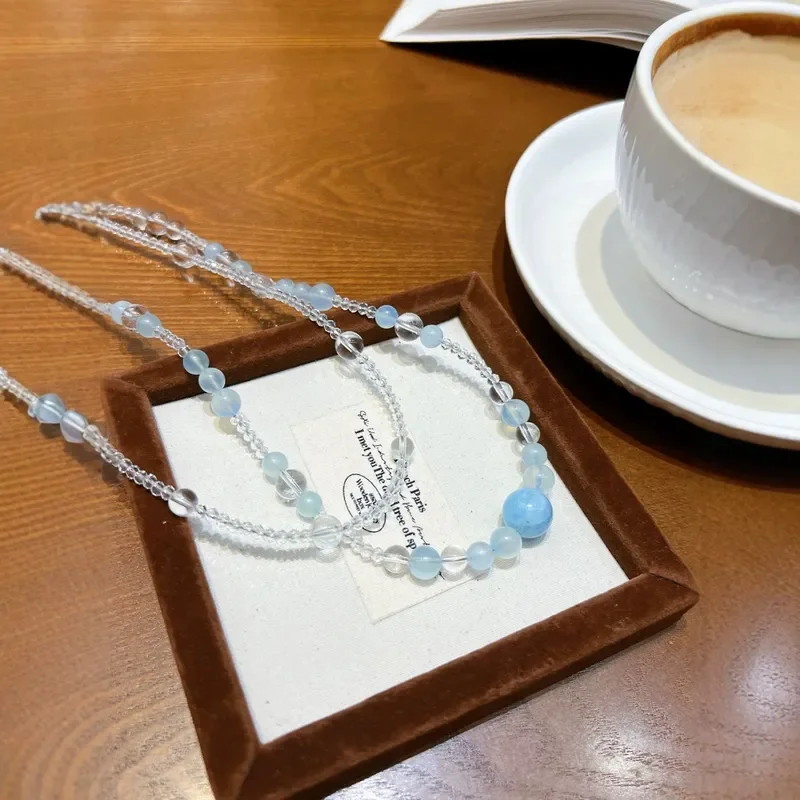 Original design necklace Aquamarine white crystal bead chain two wear style gentle healing, clear series