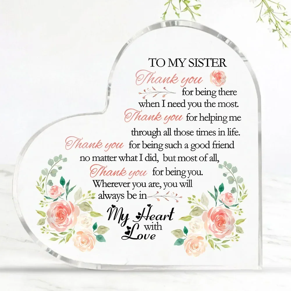 Heart Acrylic Plaque To My Sister Pink Rose Floral Sister Gift Desk Decor,Pink Watercolor Rose Acrylic Heart Stand Gift For Sister Birthday Holiday