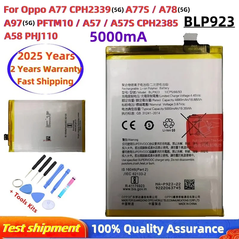 100% New Genuine 5000mAh BLP923 Battery For OPPO A77 5G/ A57 2022/ A57 2020/A57 4G 2022 /A78 5G/A77S Batteria Batteries+Tools