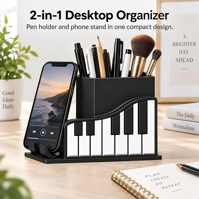 Piano Pen Holder 2 In 1 Desktop Organizer Mobile Phone Stand Music Stationery Storage Box Desk Decor Gift For Music Lover