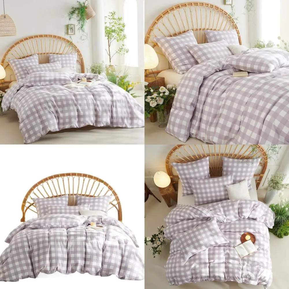 

Комплект пододеяльников Queen из 100% хлопка в фиолетовую клетку с застежкой-молнией, легкий дышащий льняной пододеяльник и 2 подушками