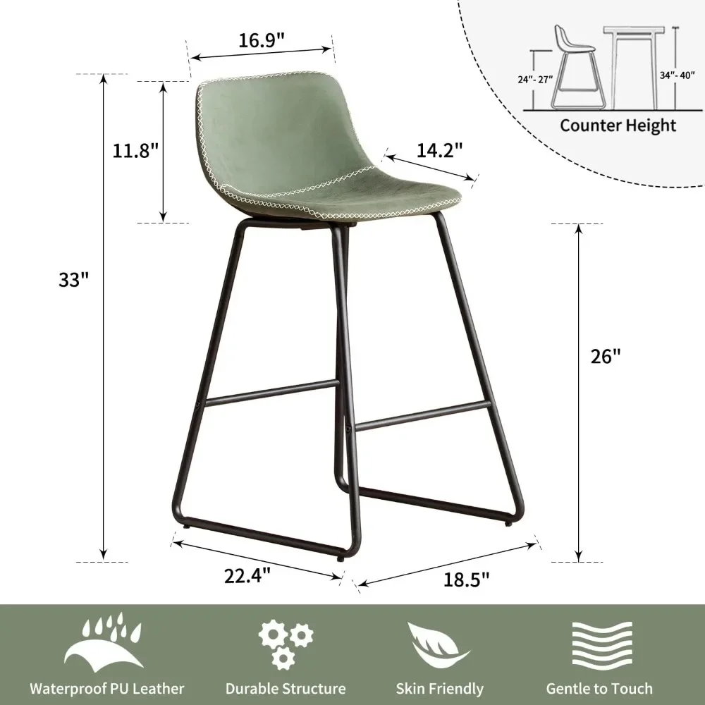 Bar Stools Set of 3, 26 Inch Barstools with Metal Legs Faux Leather Counter Height Bar Stools, Bar Chairs