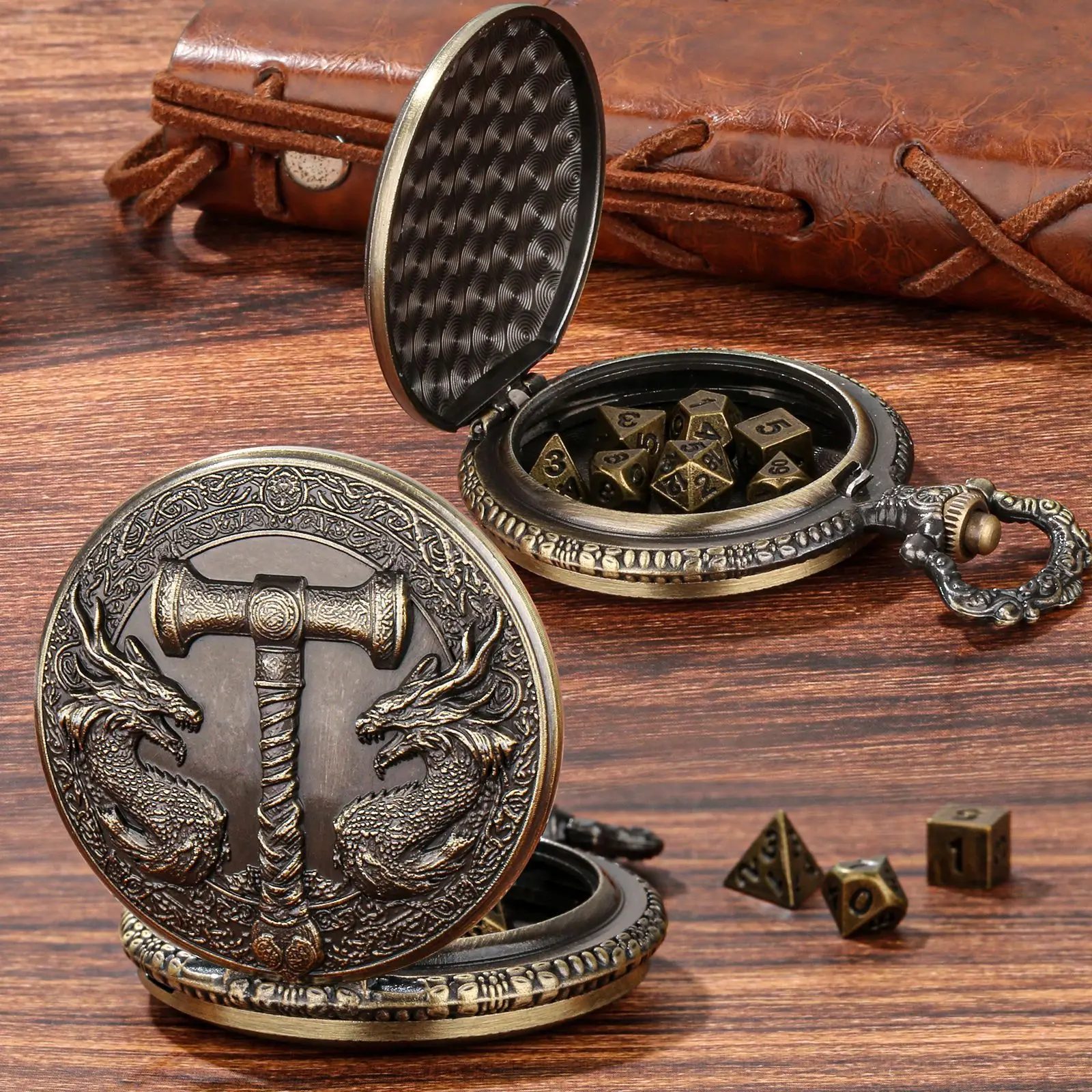 2026 Double Dragon Dice Hammer DND Dice Box Jewelry Pocket Watch Case Retro Carving 3D Double Dragon Head Hammer Metal Dice set