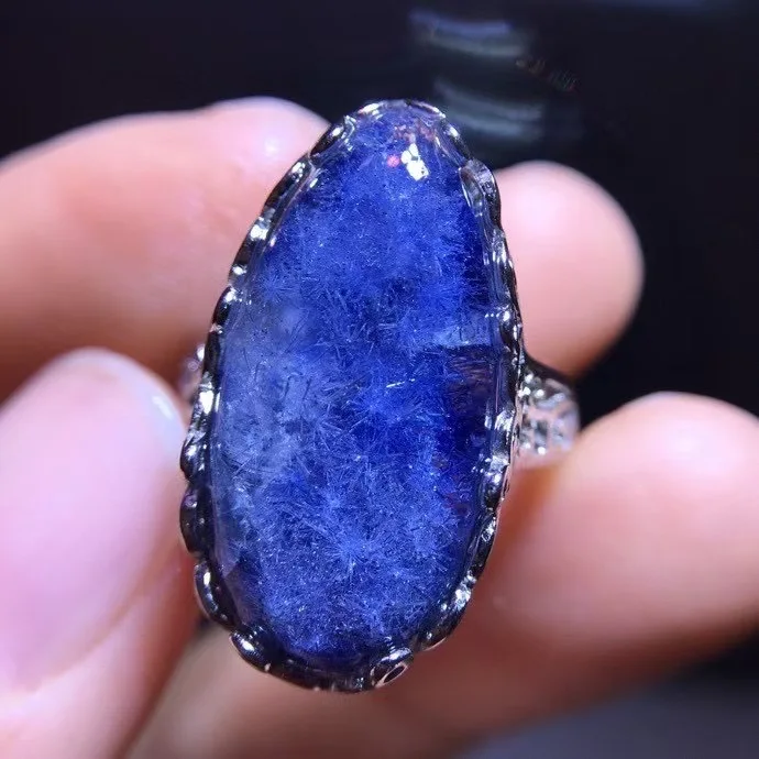 Natural Blue Dumortierite Quartz Rutilated Adjustable Ring 23/11.6mm Woman Men Ring Jewelry AAAAAAA