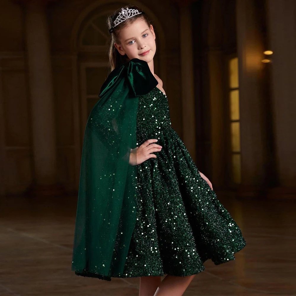 Green Flower Girls Dresses with Sequined A Line 2025 Scoop Full Sleeve Christmas Gowns for Princess New فلور فتاة اللباس Winter