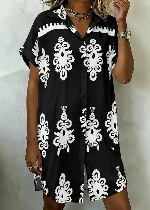 خمر الباروك وضع طباعة بدوره إلى أسفل طوق توالت الأصفاد زر أسفل قميص فستان المرأة فستان عطلة عادية مع جيوب #6