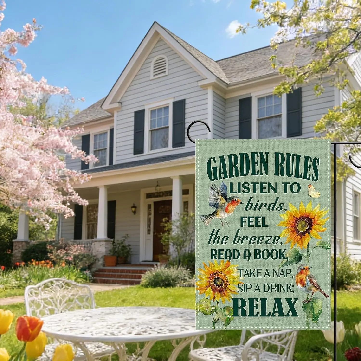 Garden Rules Sunflower Robin Garden Flag, Floral Birds Horticulture yyi