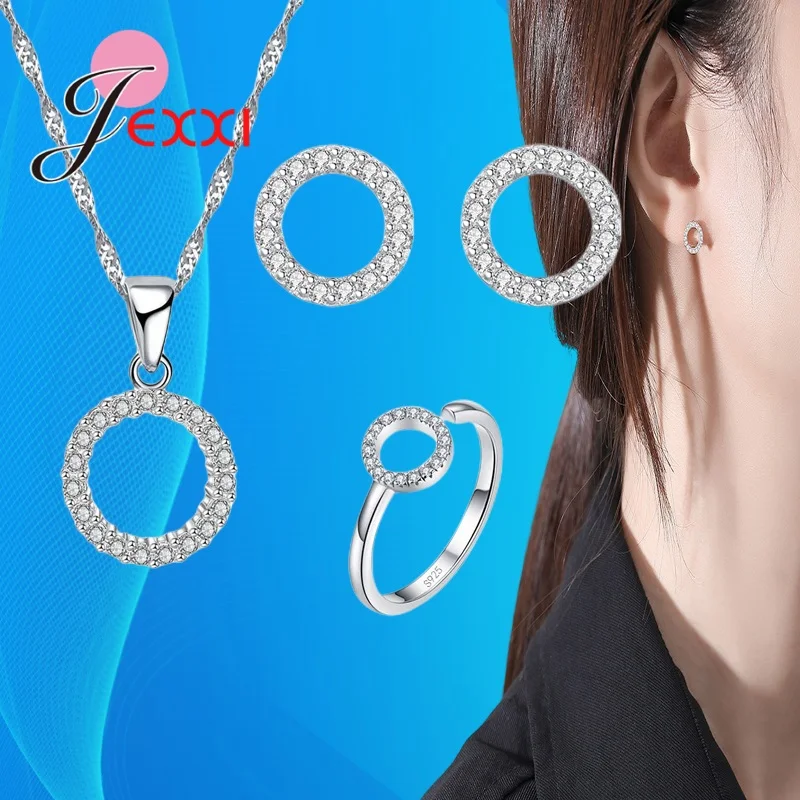 925 Sterling Silver Jewelry Sets New Trend Full Rhinestone Cubic Zircon Paved Circle Shape Earrings Necklace Ring