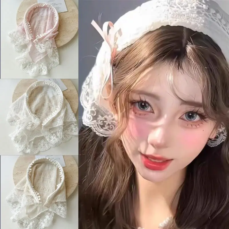 Spring And Summer Embroidered Flower Lace Triangle Scarf Headband Bubble Gauze Hairband Hair Hoop Sunscreen Headwraps Bandana