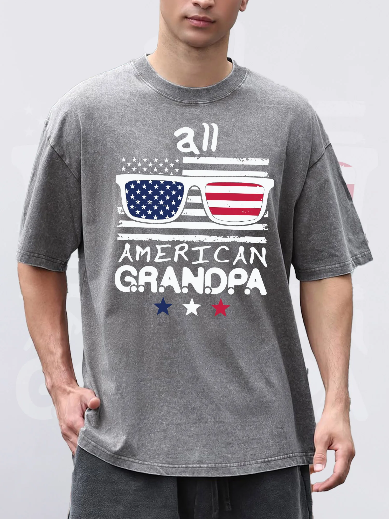 

Men's T-ShirtsGRANDPA Printed Grey Short-Sleeved Round Neck Loose Summer 100% Pure Cotton Acid Wash Suitable For Thanksgiving