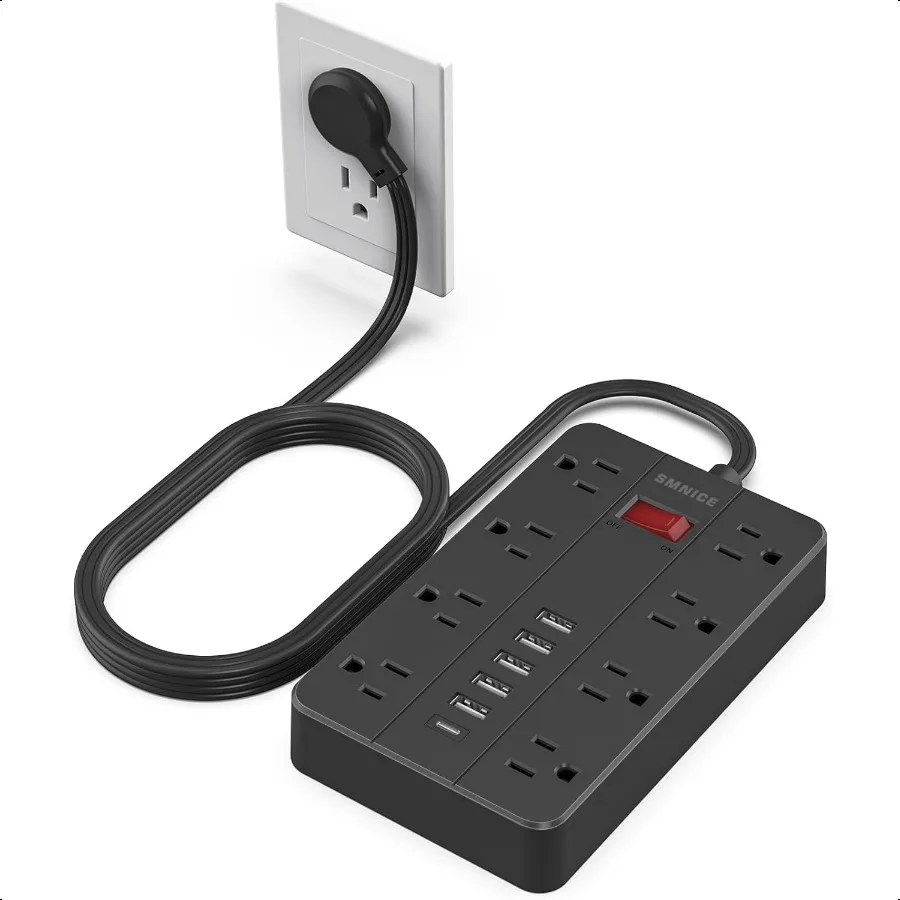 

Удлинитель с USBSMNICE Устройство защиты от перенапряжений Плоская вилка с 8 розетками с широким разделением 6 портов USB 1 USB C Настенный монтаж Удлинитель 5 футов