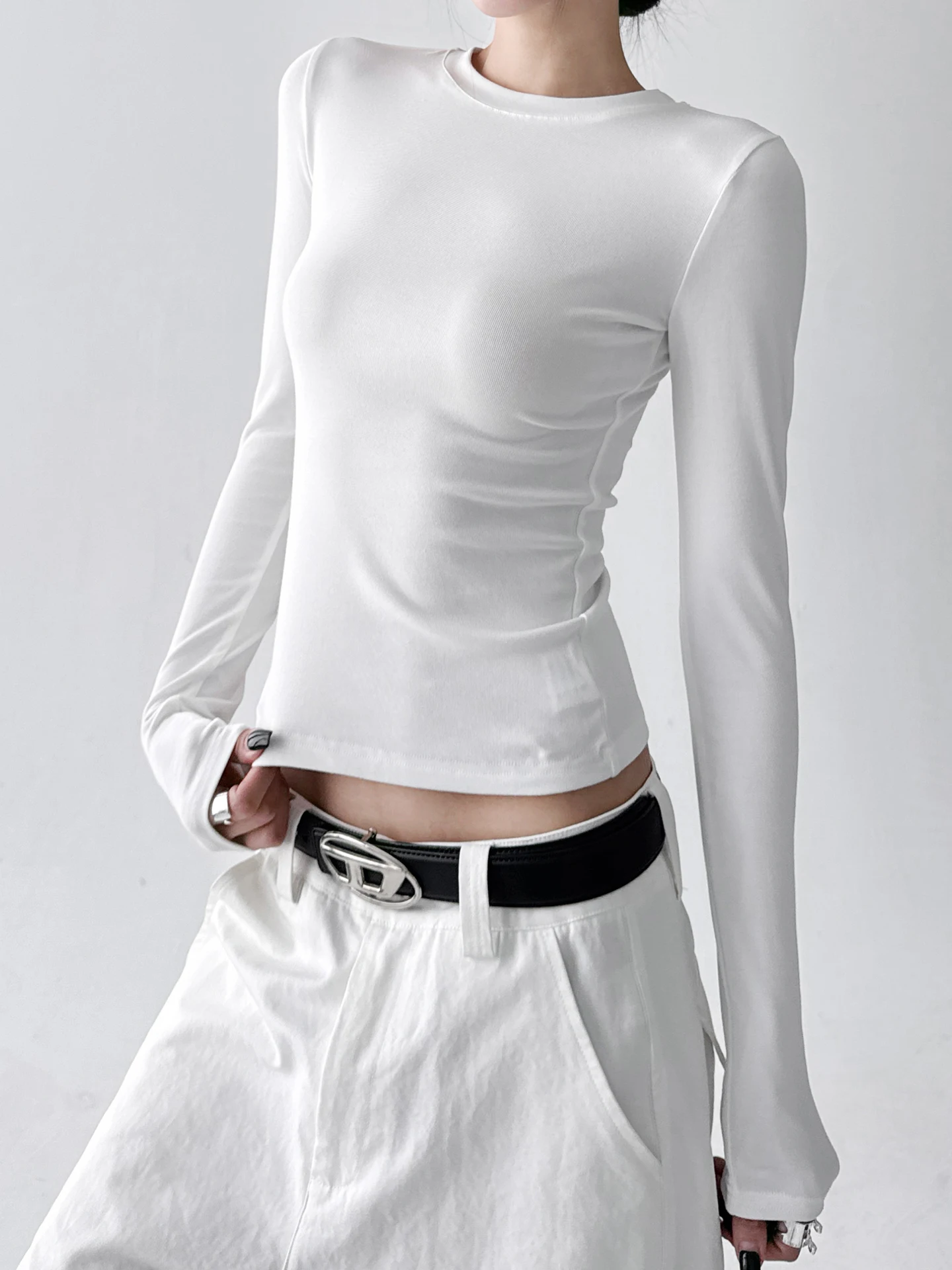 T-shirt casual bianca lunga Sve slim fit da donna Crew Ne Base irt Primavera Autunno Confortevole versatile Boting dimagrante...