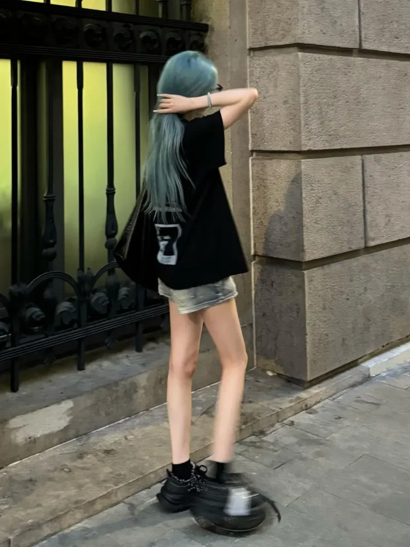 Personality American High Street O Neck Short Sleeve Casual T Shirt Y2k Aesthetic Grunge Punk Vintage Print Clothes Harajuku Top