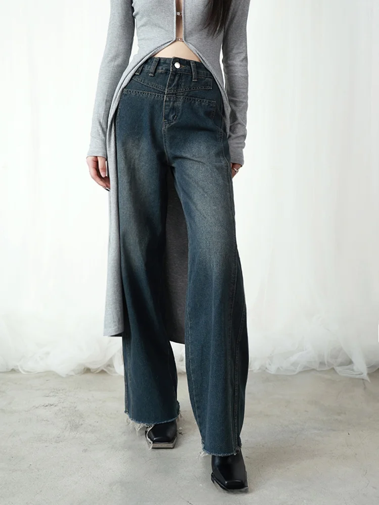 

Джинсы Domremy Lazy Sle, состаренный синий цвет, американский крой, прямые, расклешенные, длинные брюки, женские, повседневные, весна 2024