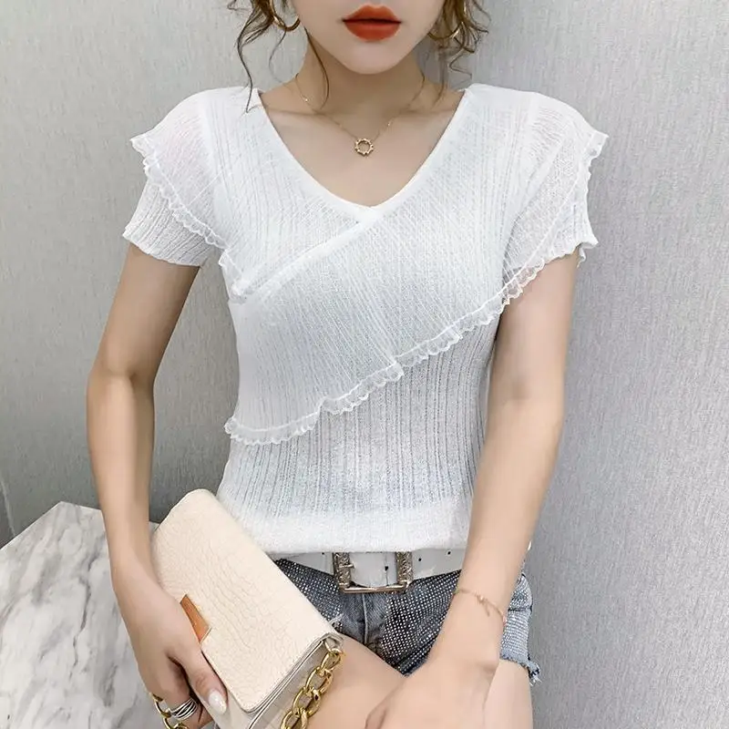 

Новые летние повседневные пуловеры, универсальная офисная женская рубашка, элегантная блузка с v-образным вырезом и марлевыми оборками, женская одежда 2025