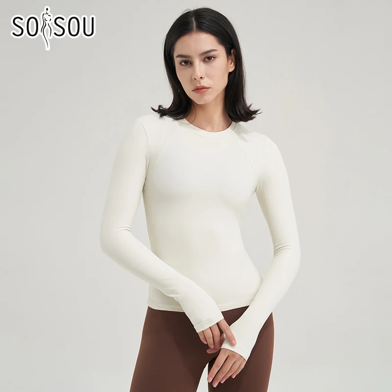 SOISOU Nylon Gym Top Yoga Shirt Fitness Sport Women Clothing Elastic Breathable Pilates Long Sleeve Tops 5 Colors 4 Size