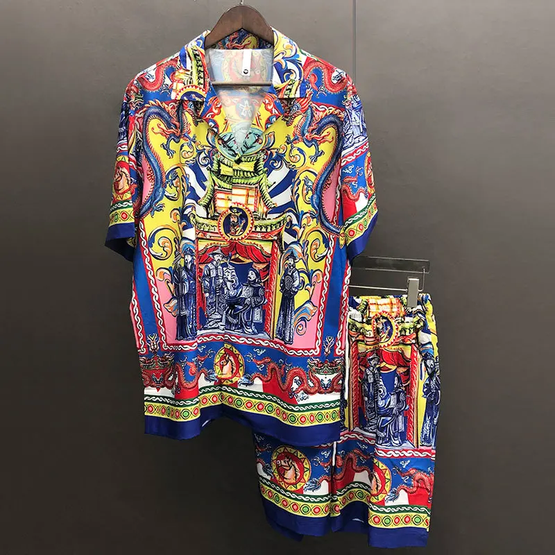 Ethnic Vintage Portrait Print Shirt Short Sleeve Casual Men Shirt Suit Summer Camisa Masculina Color Contrast Set Moda Hombre