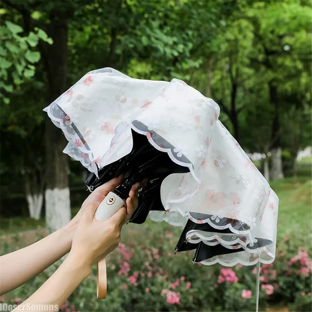 Automatic Double Embroidery Lace Umbrella Paraguas Uv Umbrella Rain and Sun Automatic for Women Gift