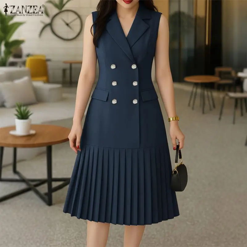 Damen Bürokleidung Plissierte Midi-Kleider Elegantes Revers-Kleid mit Doppelreihiger Knopfleiste Ärmelloses Blazer-Kleid Sommer Einfarbige Roben Femme