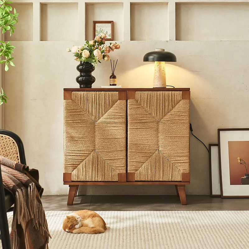 

Скандинавский обеденный боковой шкаф из цельного дерева из ротанга, простой японский шкаф для гостиной, крыльца, бытовой чайный шкаф