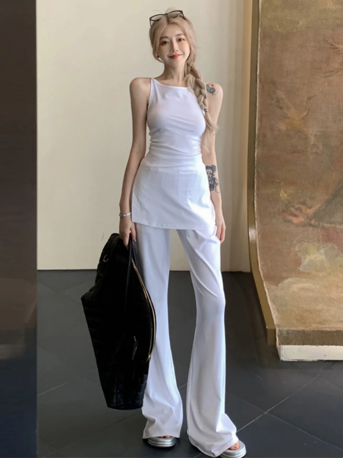 

Gegge домашний вязаный повседневный комплект длинных брюк Godd, плиссированный топ с боковыми разрезами, расклешенные леггинсы, модный летний наряд для женщин