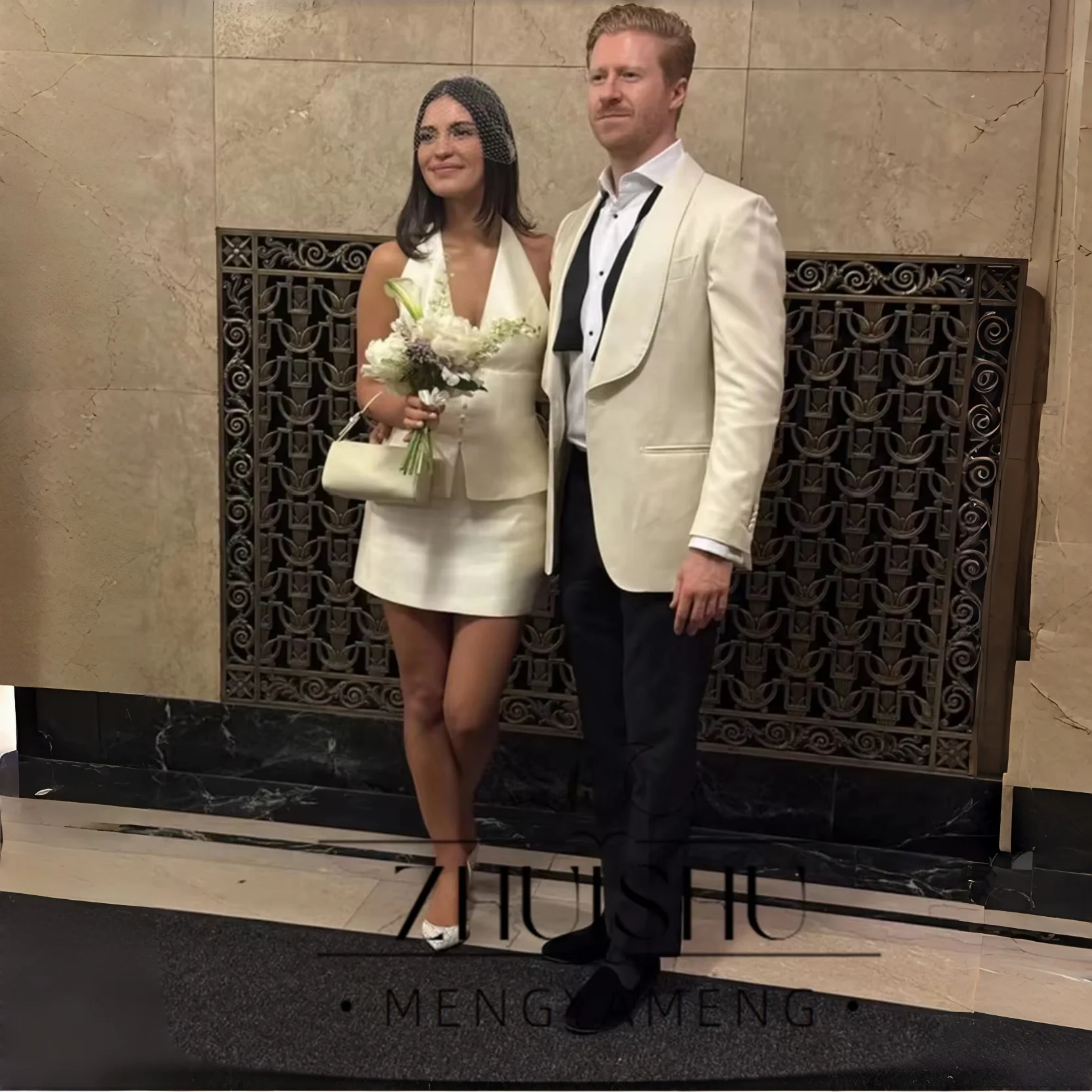 ZHUISHU Customized Beige V-Neck Halter Neck Wedding Dress Single Breasted Two-Piece Set Vestidos De Novia Short Evening Dresses