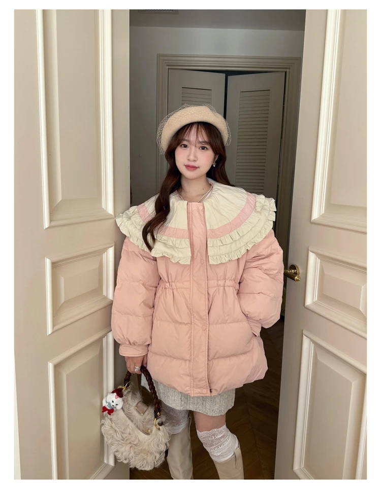 เกาหลียอดนิยมใหม่ 2024 ขนาดใหญ่ High-end อุณหภูมิขั้นสูงออกแบบ Niche ลูกไม้เอว-cinching เป็ดสีขาวลงเสื้อ