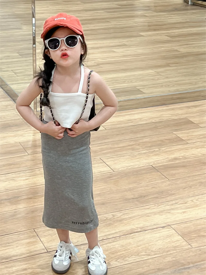 Skirt Summer Korean Childrens Clothing New Girls Sweet Cool Backless Sling Vest Grey Long Simple Fashion 2024 Solid