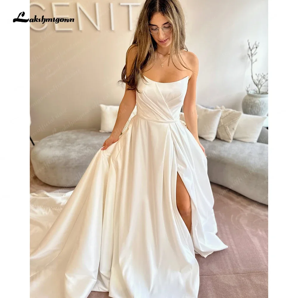 

Lakshmigown Strapless Satin A-Line Floor length Wedding Dress Side Slit For Women 2025 Court Train Customized Robe De Mariée