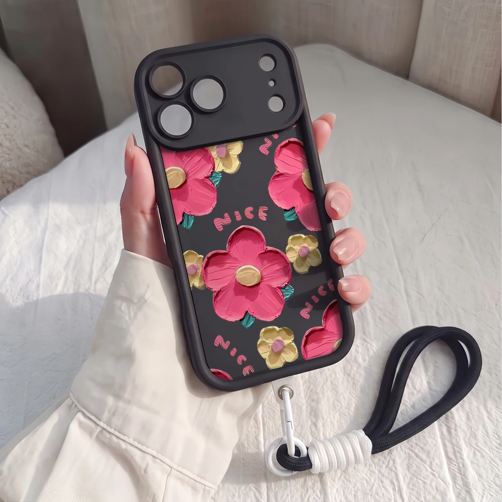 Ölgemälde Blumen Lanyard Handyhülle für iPhone 13 14 15 16 17 Pro Max 16 15 14 Pro Plus 17E Stoßfeste Matte Silikonhülle – Detail 2