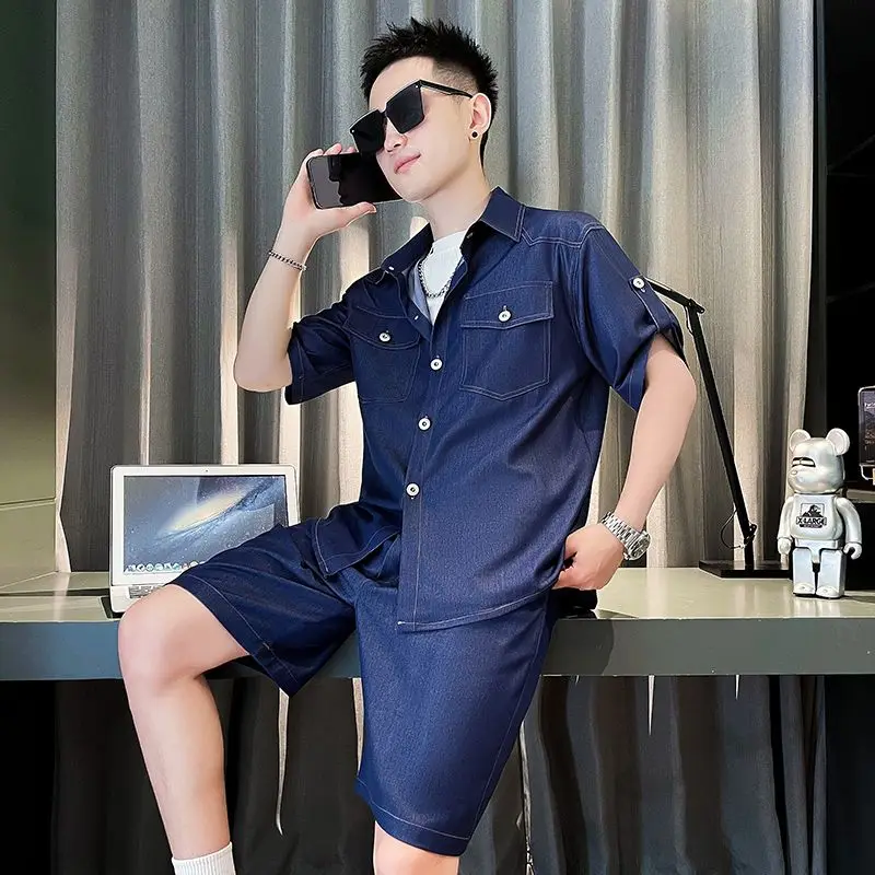 3-B13  A complete set of summer men\'s clothing for handsome and fashionabl 024 new summer casual denim short-sleeved shorts suit