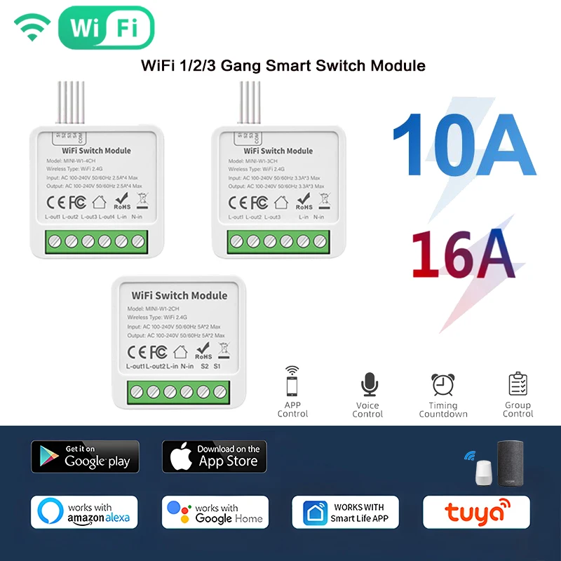 Tuya WiFi Smart Switch Module 1/2/3 Gang Two-way Control DIY Breaker Voice Control Smart Switch Work with Alexa Google Home