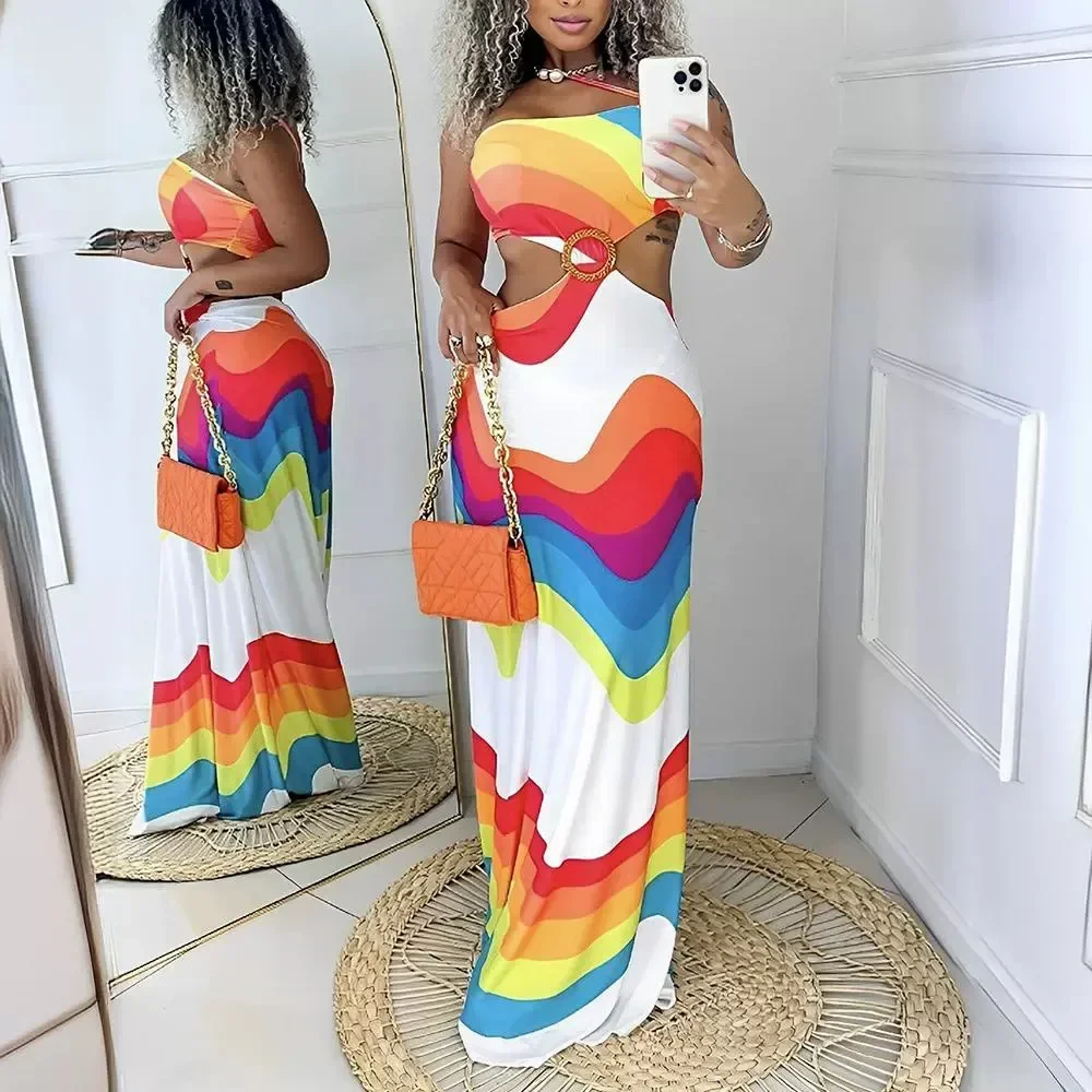

Rainbow Stripe Print Hollow Out Maxi Dress Women Sleeveless High Waist Summer Sexy Dress Floor Length