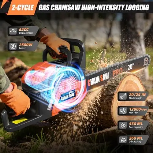 62CC Gas Chainsaw, Professional Chainsaw with 2-Stroke Engine, 20inch & 24inch Chain Saw Bar, Ergonomic Non-Slip Handle