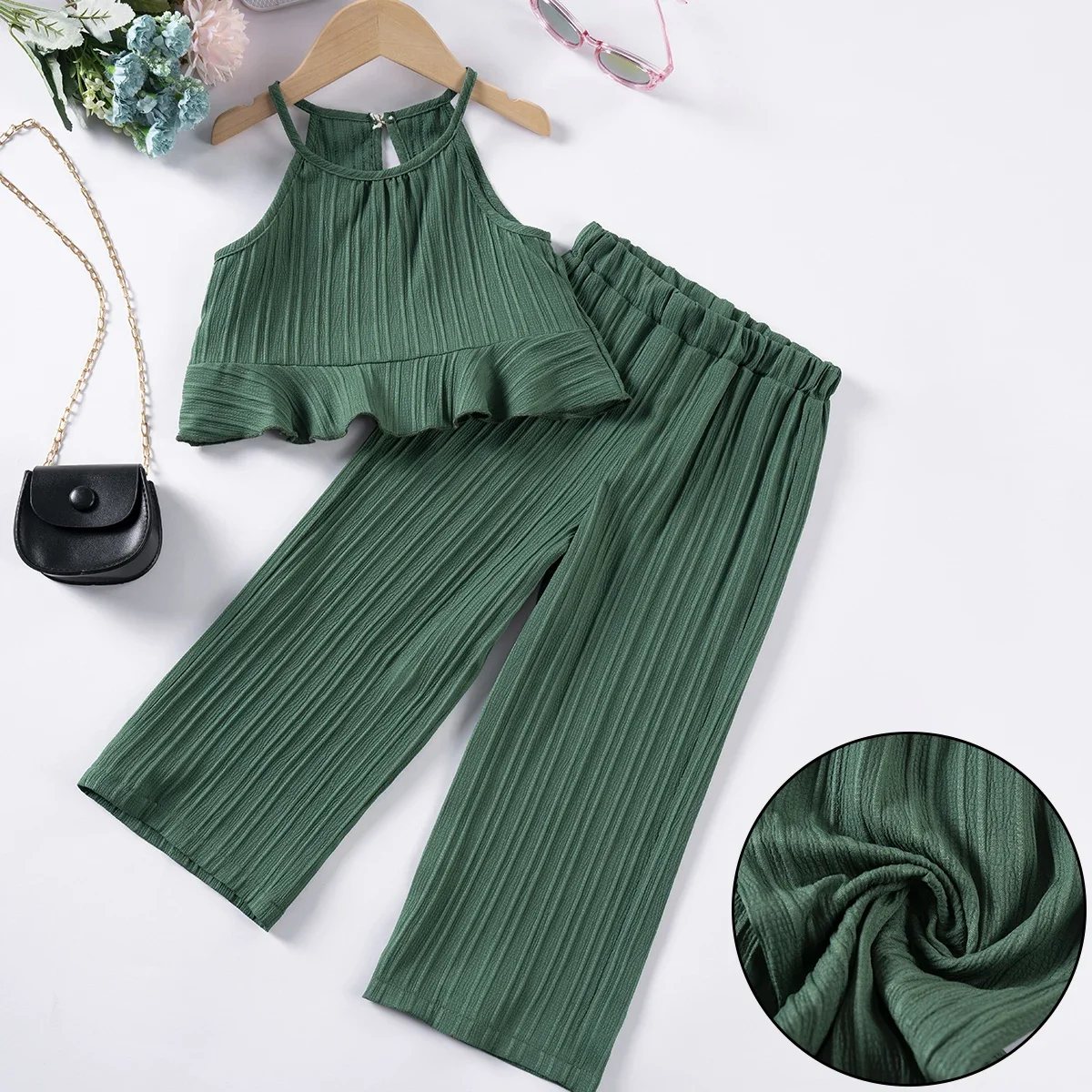 Girl\'s Summer Suit Draped Clothes Solid Color Casual Two-piece Sleeveless Wavy Edge Top + Pants Elastic Waist Skin-friendly