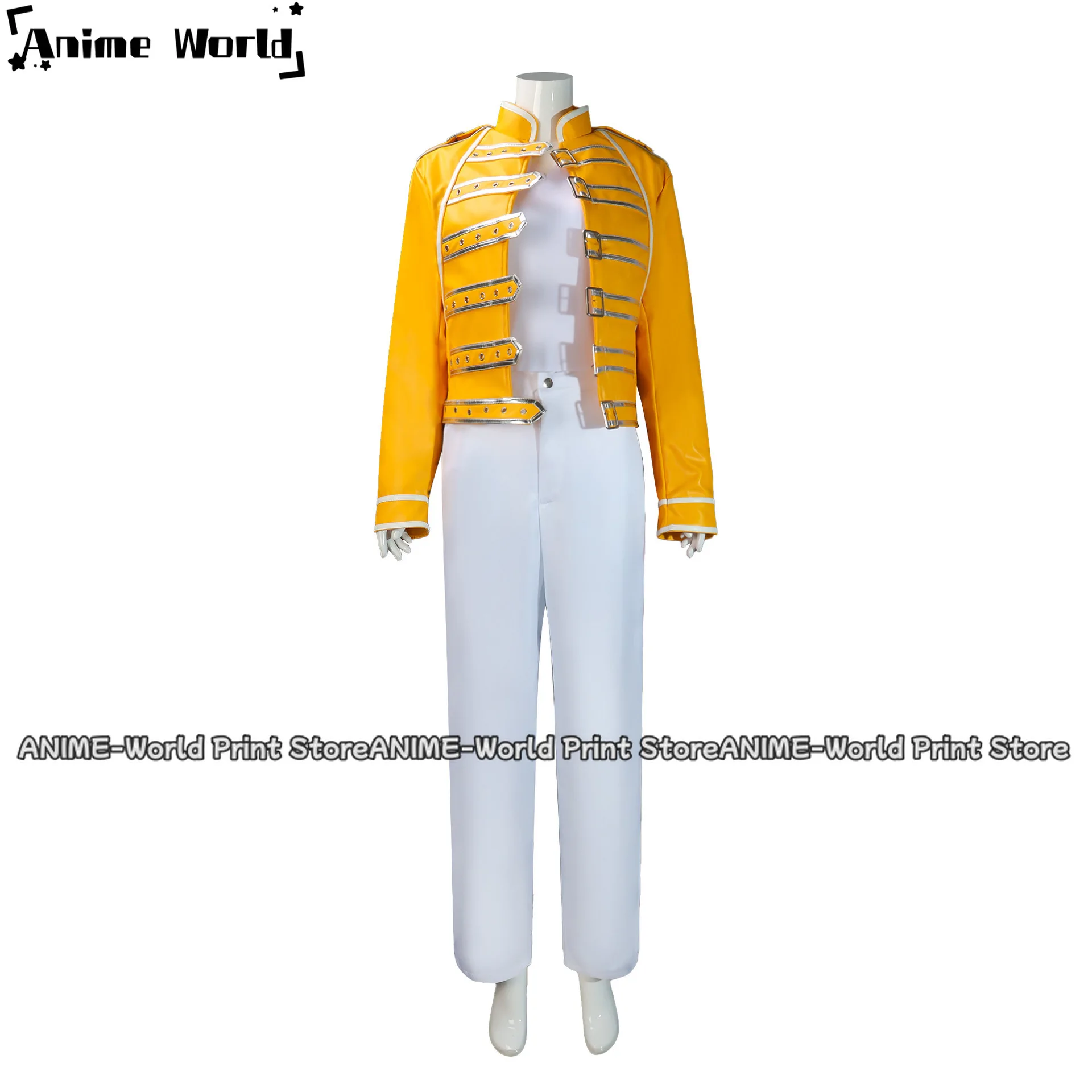 Queen Lead Vocals Freddie Mercury Cosplay Costume Yellow PU Coat Full Set Uniform Man Woman Carnival Masquerade Ball Suit