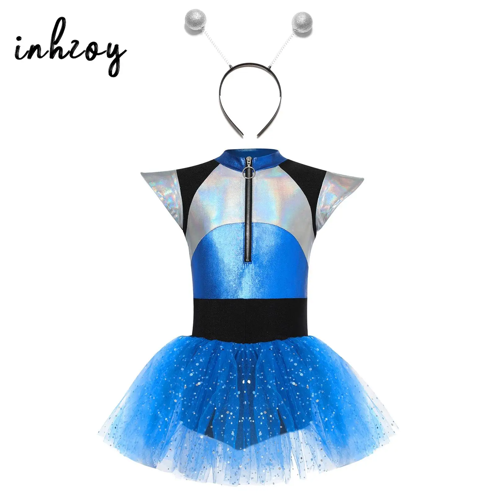 

Kids Halloween Alien Costume for Girls Shiny Spangles Sequins Tutu Leotard Cheerleading Dress Cosplay Dance Performance Outfit