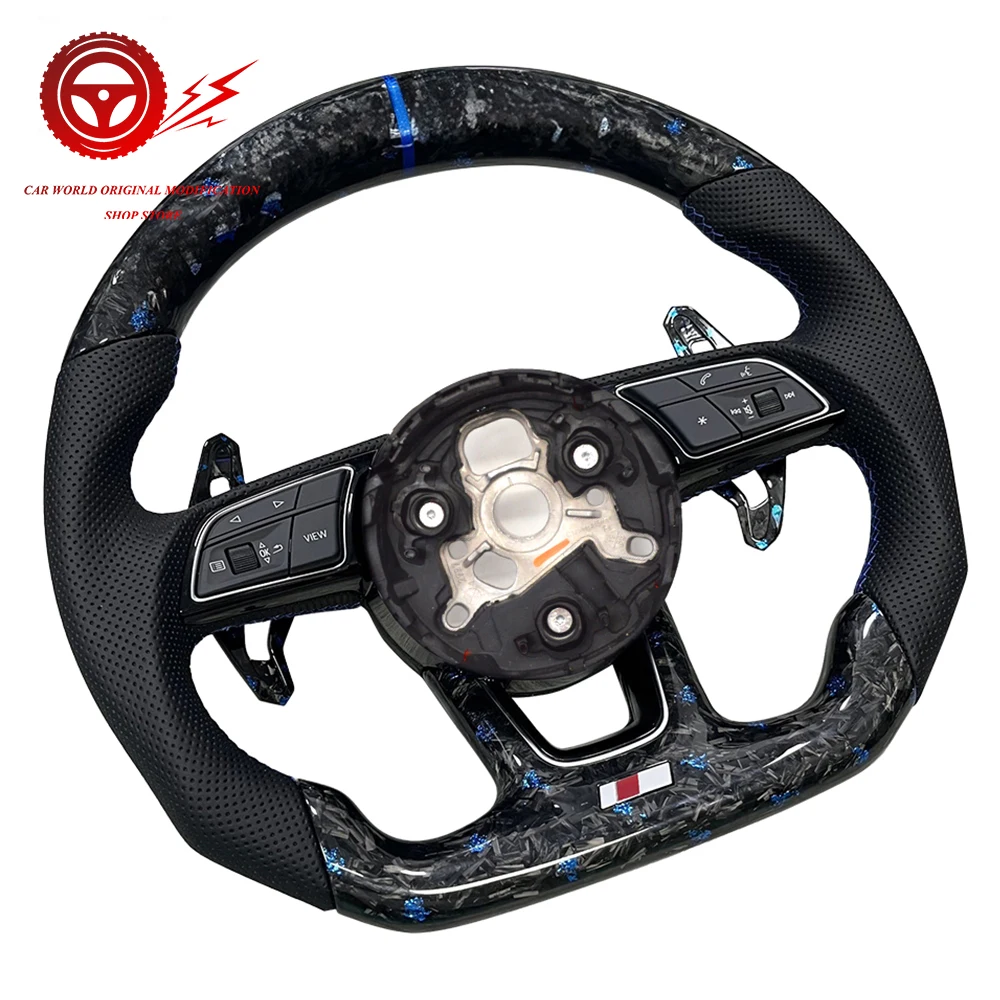 Forged Carbon Fiber Semi Perforated Leather Flat Bottomed Sports Steering Wheel,For Audi A3 A4 B9 A5 S4 S5 RS4