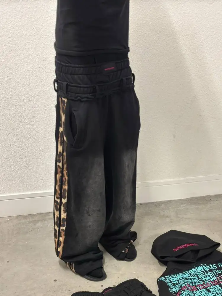

2025 American retro summer new black leopard print double-waisted and wide-leg pants for both men and women