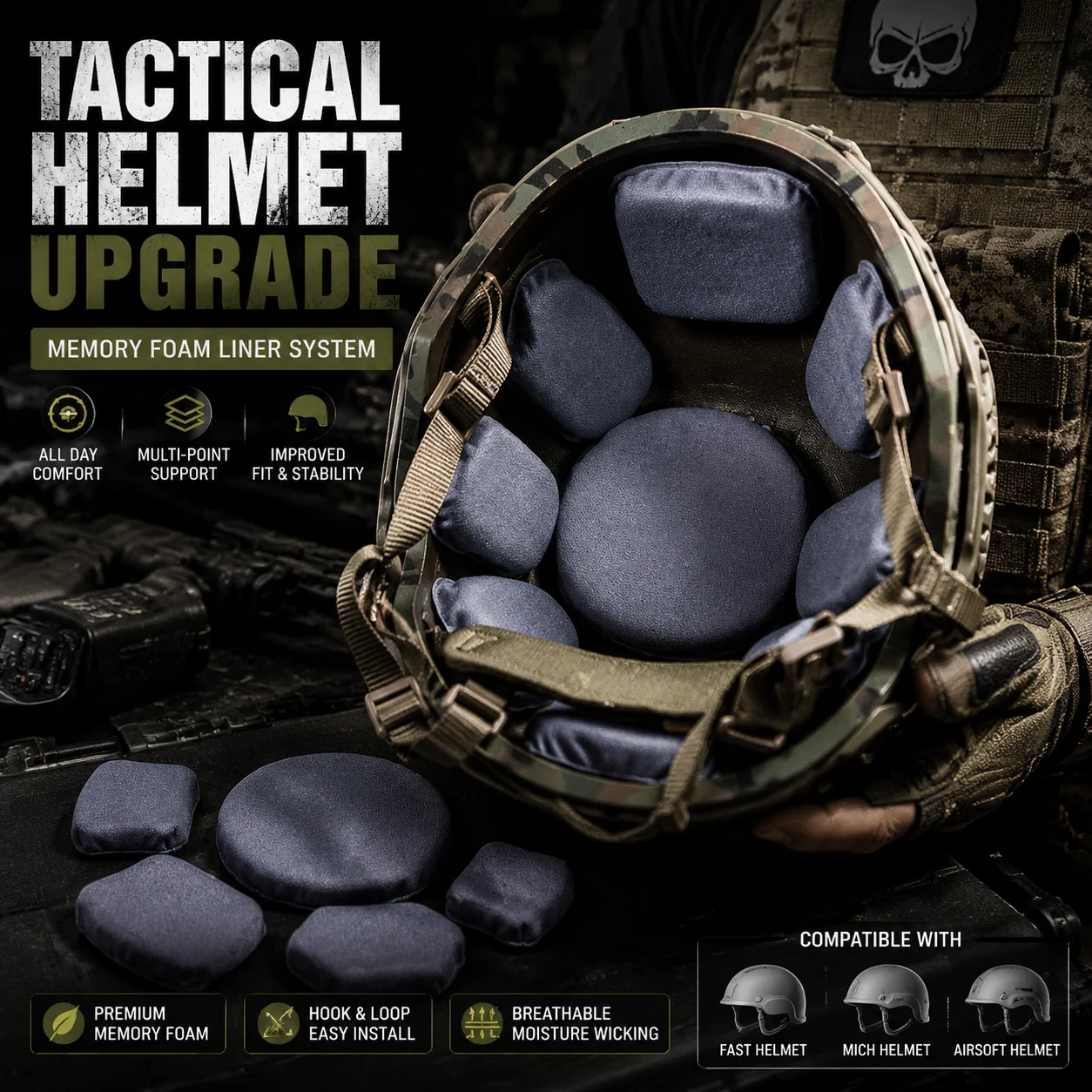 屋外用戦術ヘルメットライナーパッドメモリーフォームクッション交換用パッドセット-fast-mich-エアソフトヘルメットアクセサリー用