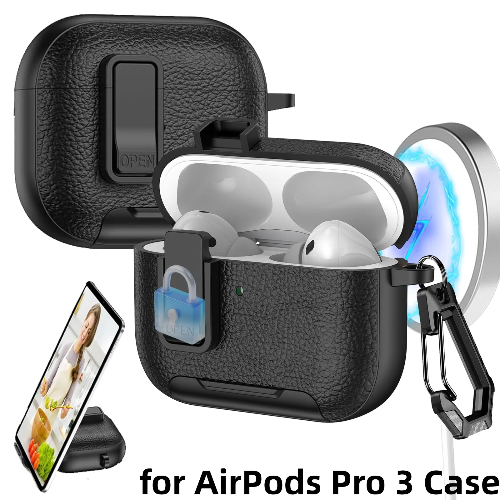 for AirPods Pro 3rd Generation Earphone Case PU Leather Lock with Carabiner & Phone Stand Protective Case Cover for AirPods Pro3