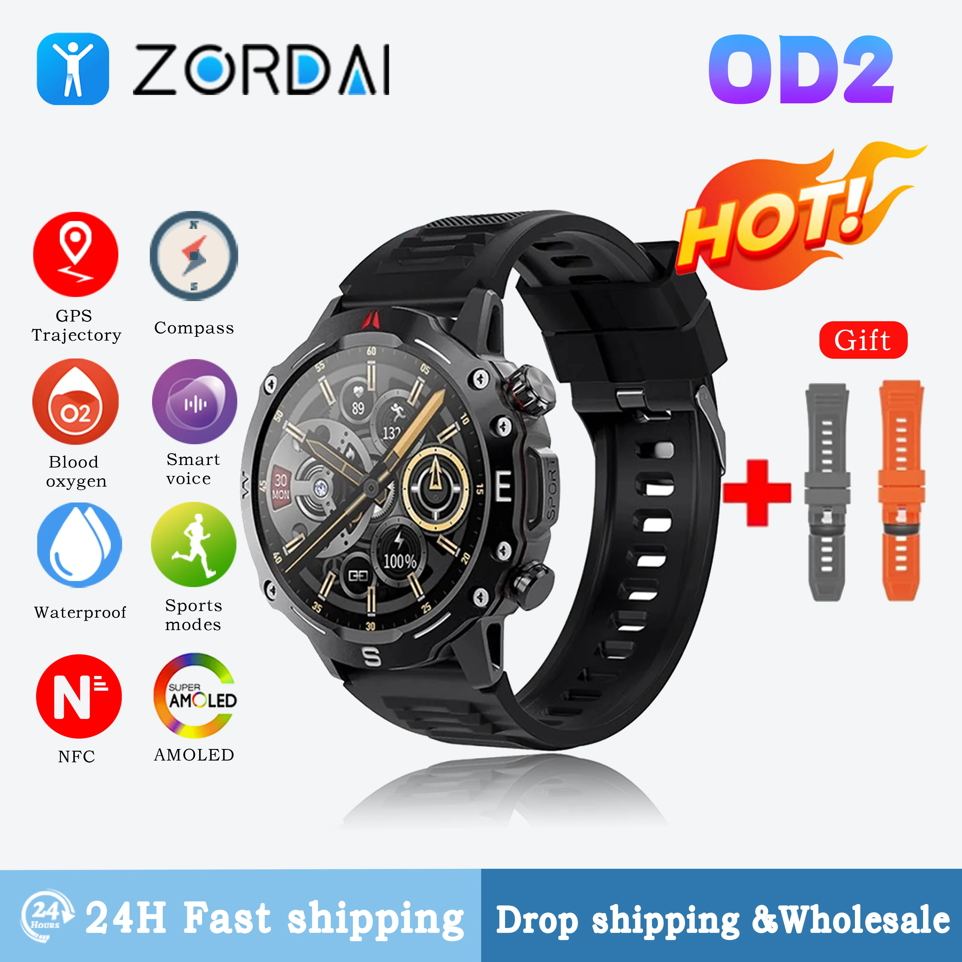 

Zordai OD2 Men Smart Watch Wearable Smartwatch For iPhone Samsung Xiaomi IP68 Waterproof Bluetooth Call Compass NFC GPS Sports