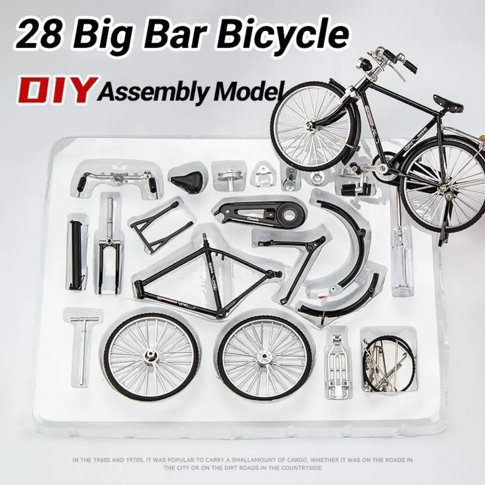 1:10 Scale Assembly Bicycle Model DIY Retro Simulation Bike Model Kit Ornament Desktop Decor Mini 28 Big Bar Bicycle Adult