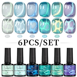 AWStorG 6Pcs 7.5ml Blue Glitter Ocean Ripple Cat Eye Gel Cat Shining Reflective Magnetic Nail Polish Long Lasting Soak Off UV Na